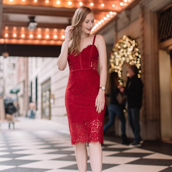 Express Red Piped Lace Midi Sheath Dress - Picture 1 of 16